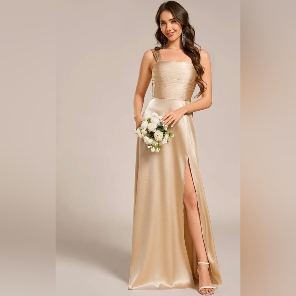 Champagne Satin Evening Dress W/Wide Straps Pleated Bodice, Side Slit - Picture 4 of 12